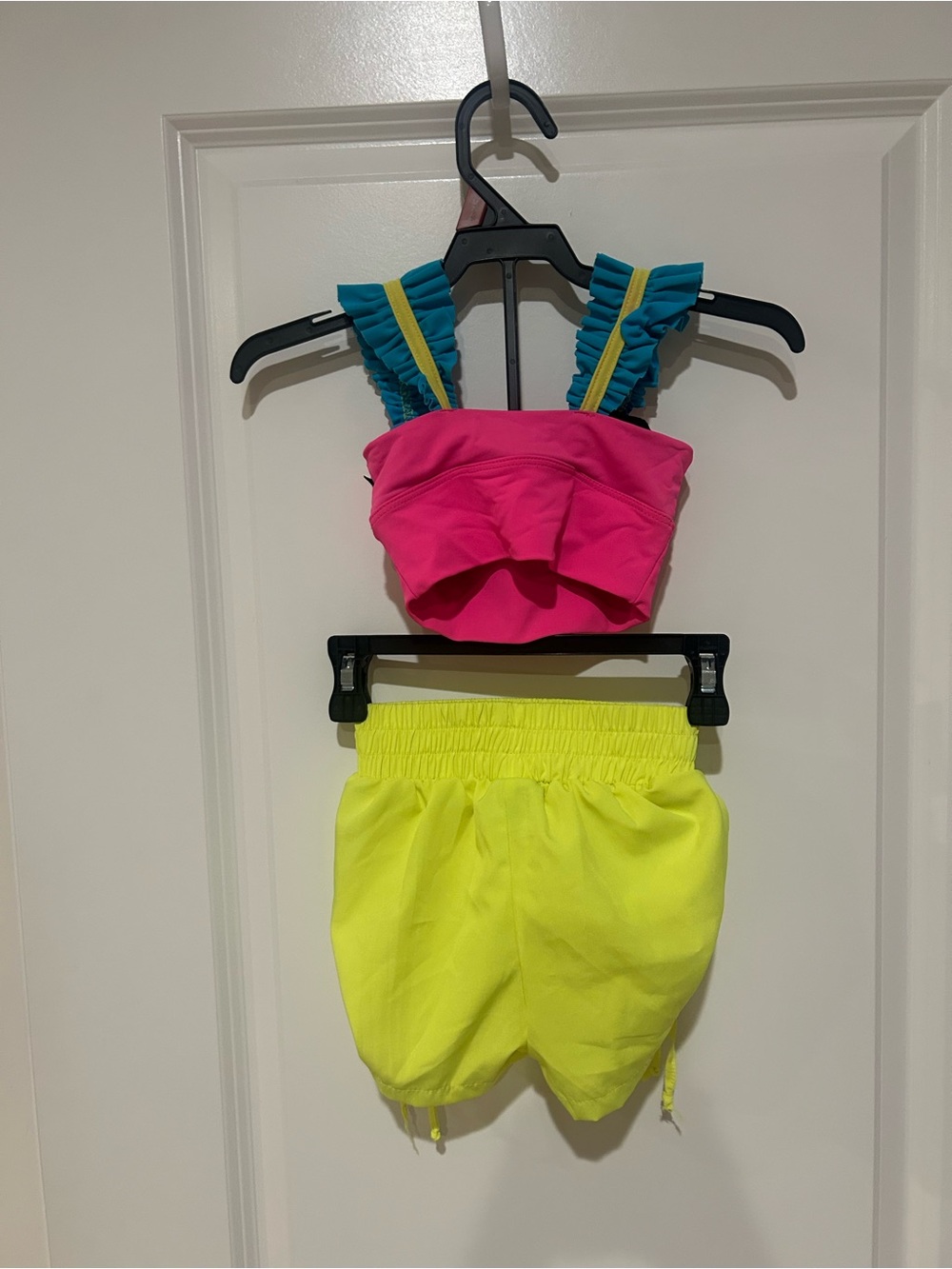 EUC Girls Neon Pink Yellow Dance Set Ruffle Sports Bra Shorts Dance Gymnastics - Picture 3 of 4